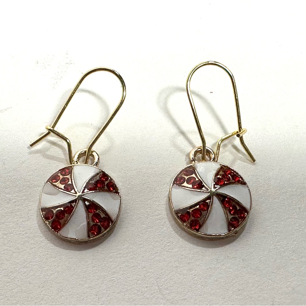 Peppermint Pinwheel Dangle Earrings Earrings Tiny Red Crystals White & Gold Tone